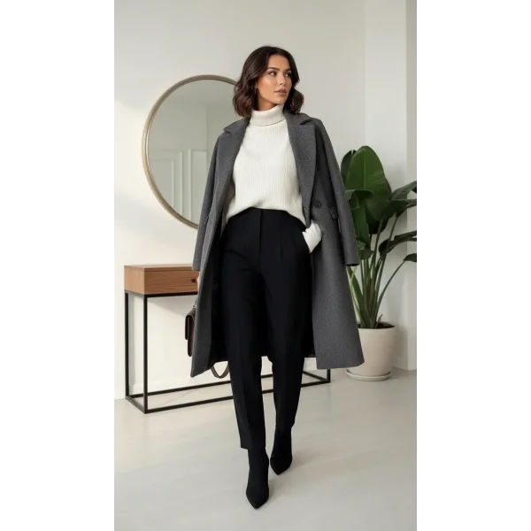 Filetolu Yüksek bel Siyah Kumaş Pantolon