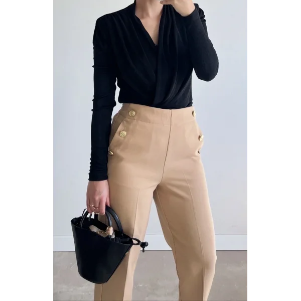 Gold Düğmeli Camel Kumaş Pantolon