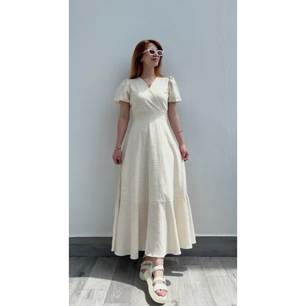 İçi Astarlı Midi boy Keten Bej Elbise