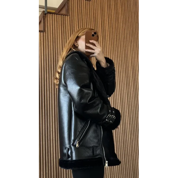 İçi Kürklü Siyah Deri Biker Kaban