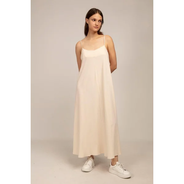 İp Askılı Oversize Krem Pamuk Elbise