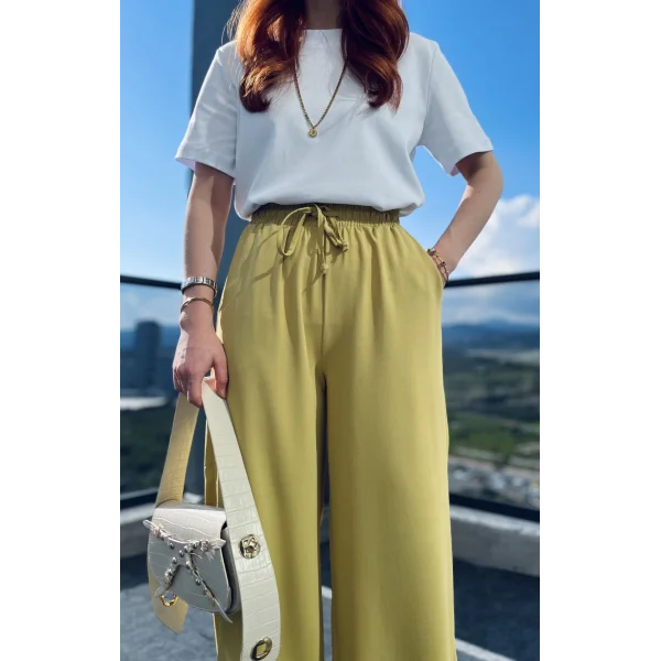 Linda Bol Paça Yağ Yeşili Pantolon