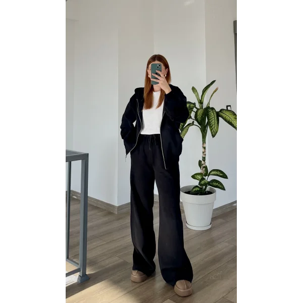 Loes Premium Üç iplik Şardonlu Siyah Eşofman Takımı