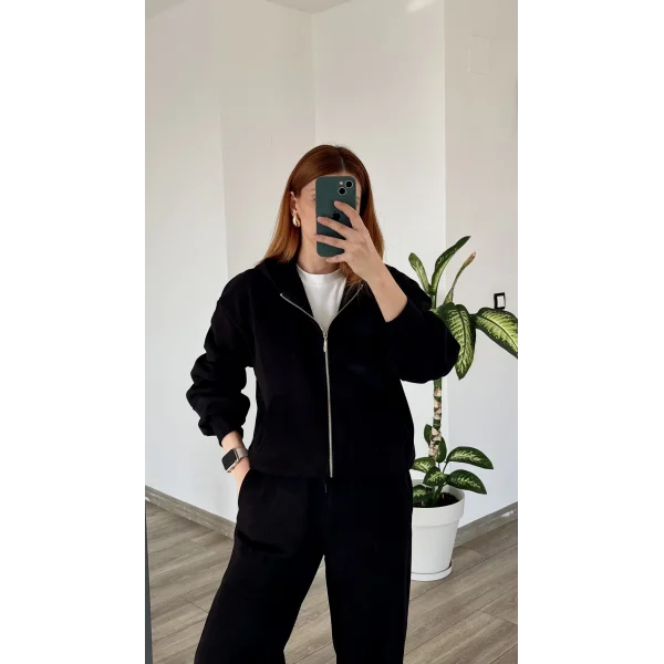 Loes Premium Üç iplik Şardonlu Siyah Eşofman Takımı