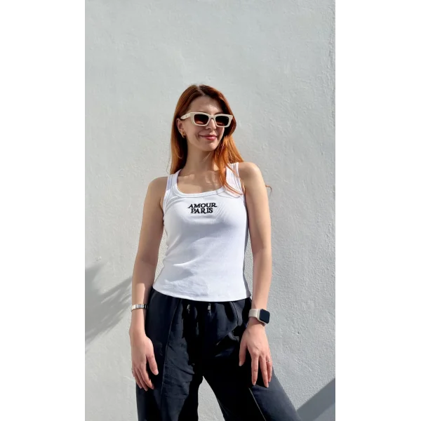 Nakış İşlemeli Amour Paris Beyaz Askılı Tshirt