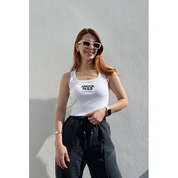 Nakış İşlemeli Amour Paris Beyaz Askılı Tshirt