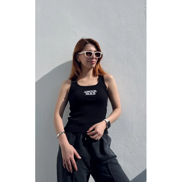 Nakış İşlemeli Amour Paris Siyah Askılı Tshirt