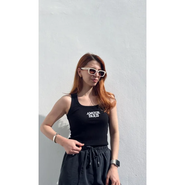 Nakış İşlemeli Amour Paris Siyah Askılı Tshirt