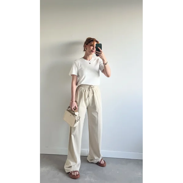 Natural Bej Keten Pantolon