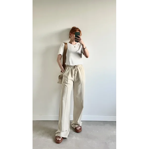 Natural Bej Keten Pantolon