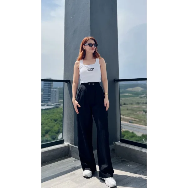 Pileli İki Düğme Siyah Keten Pantolon