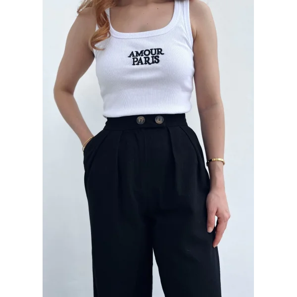 Pileli İki Düğme Siyah Keten Pantolon