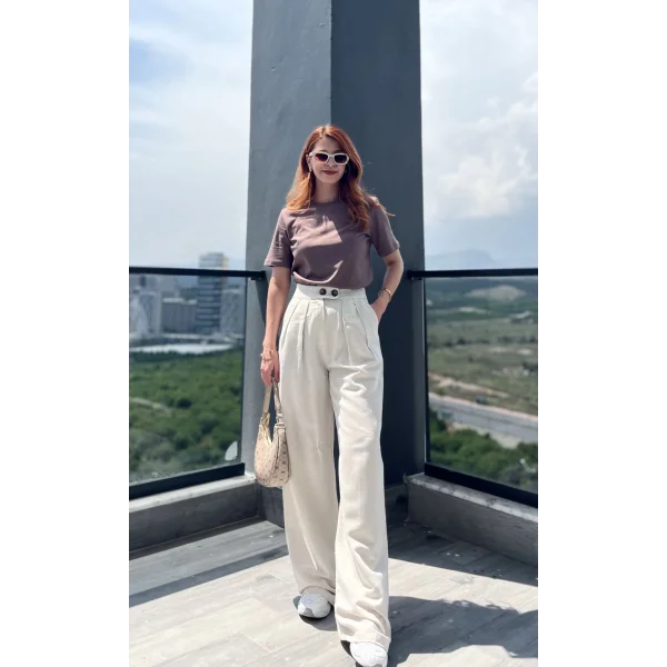 Pileli İki Düğme Taş Keten Pantolon