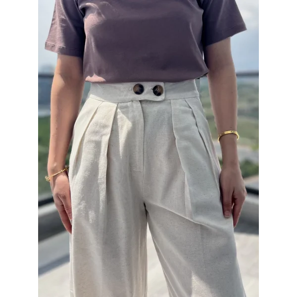 Pileli İki Düğme Taş Keten Pantolon