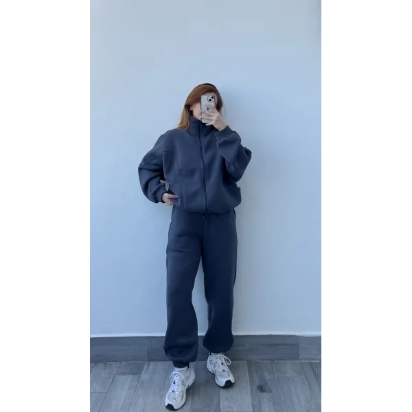 Premium Şardonlu Hırkalı Antrasit Eşofman Takım