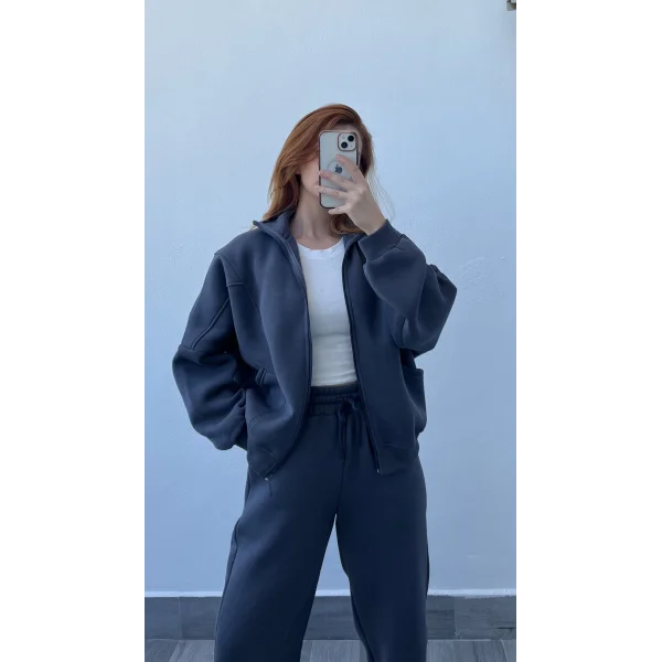 Premium Şardonlu Hırkalı Antrasit Eşofman Takım