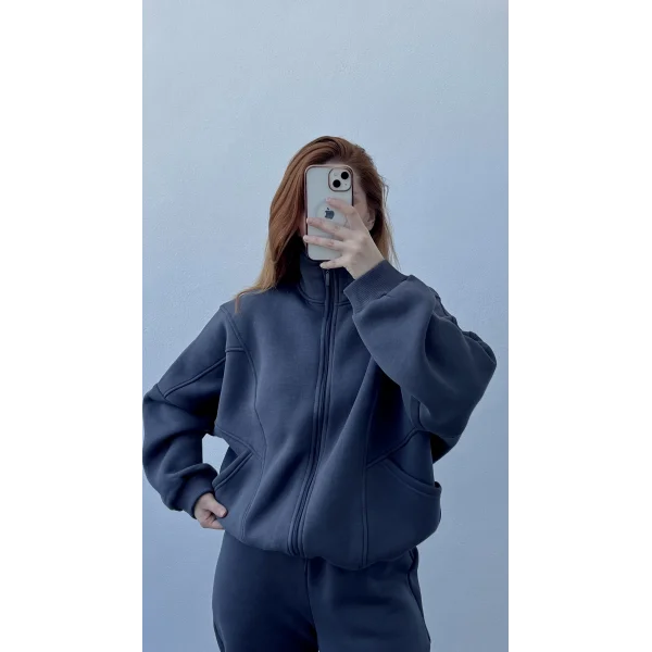 Premium Şardonlu Hırkalı Antrasit Eşofman Takım