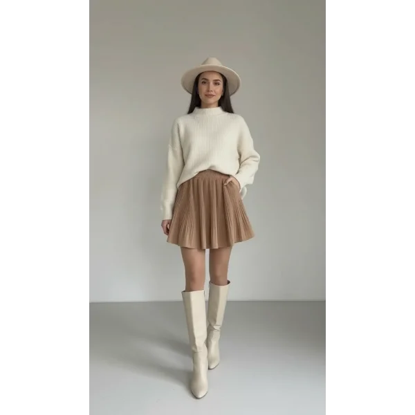 Quzu Pileli Camel Etek ( İçi şortlu astarlı )