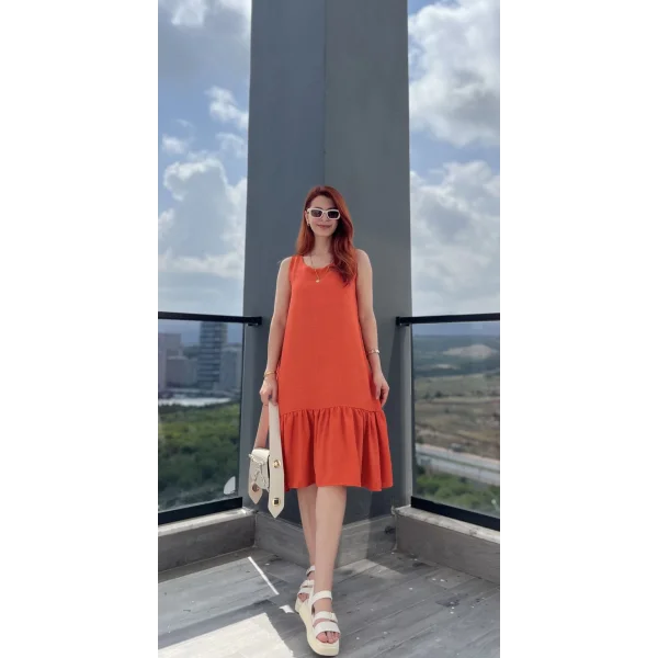 Turuncu Cepli Volanlı Elbise