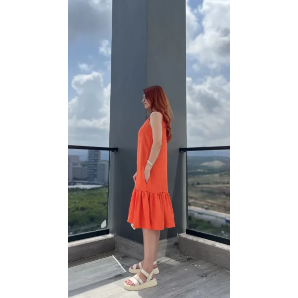 Turuncu Cepli Volanlı Elbise