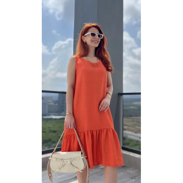 Turuncu Cepli Volanlı Elbise