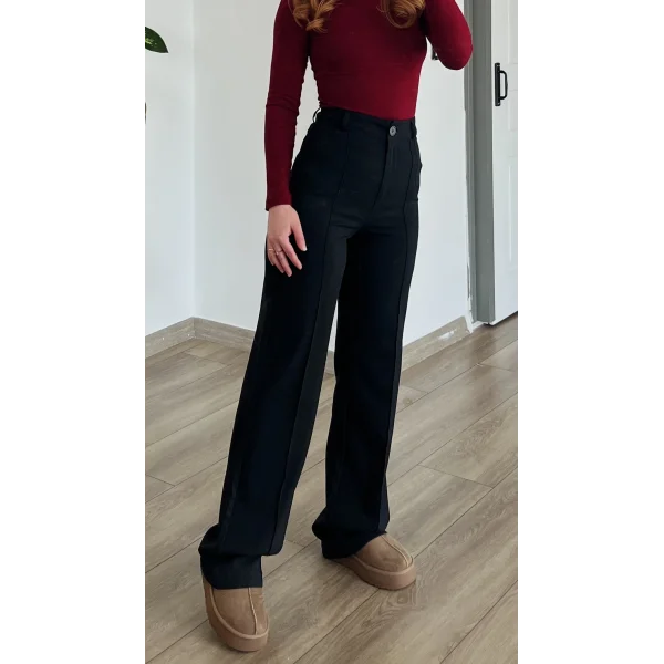 Yüksek bel Çimalı Siyah Kumaş Pantolon (Pamuk dokuma )