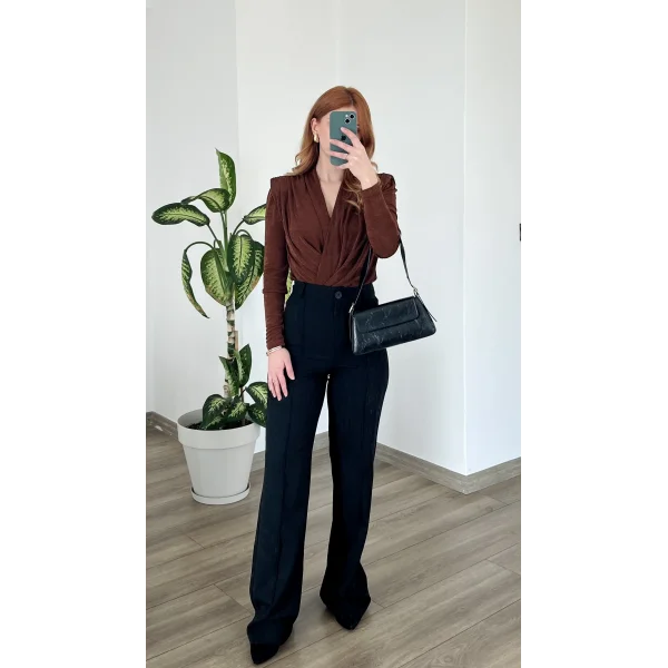 Yüksek bel Çimalı Siyah Kumaş Pantolon (Pamuk dokuma )