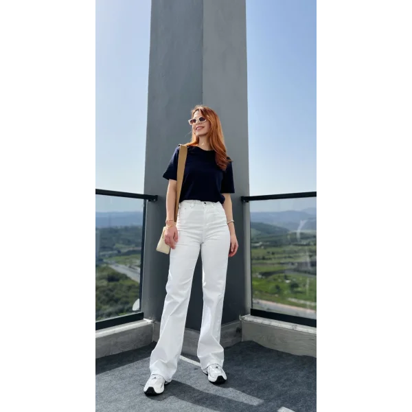 Yüksek Bel Pamuk Dokuma Beyaz Jean