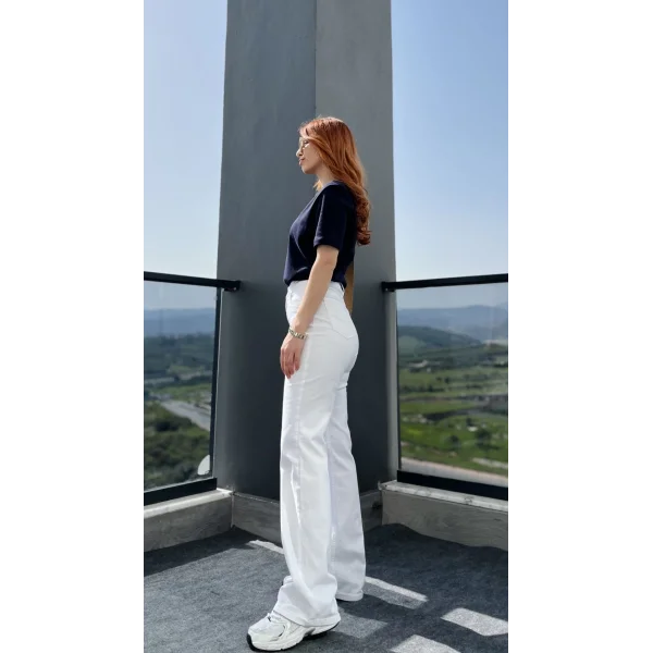 Yüksek Bel Pamuk Dokuma Beyaz Jean