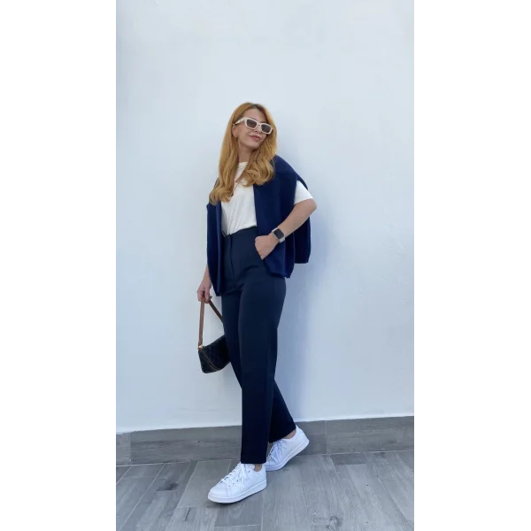 Yüksek Bel Pensli Lacivert Kumaş Pantolon