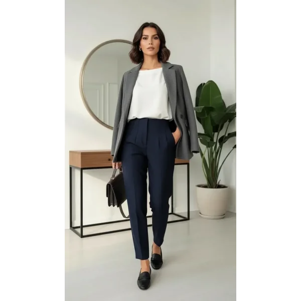 Yüksek Bel Pensli Lacivert Kumaş Pantolon