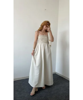 Askılı Taş Keten Elbise