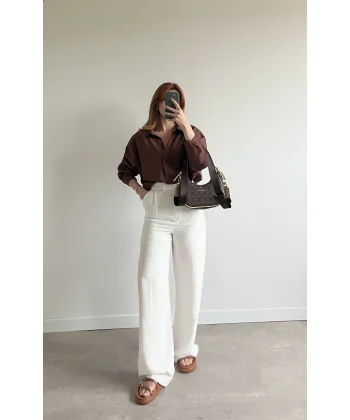 Beli Bantlı İçi Astarlı Beyaz Pantolon