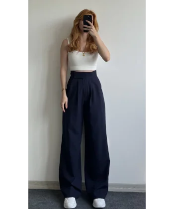 Beli cırtcıtlı Lacivert Kumaş Pantolon