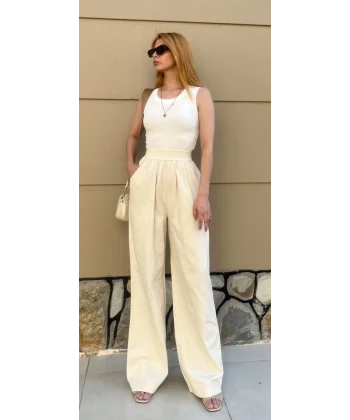 Beli lastikli Gabardin Keten Pantolon