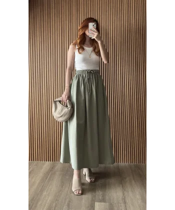 Midi Boy Kloş Haki Keten Etek (GENİŞ KALIP )