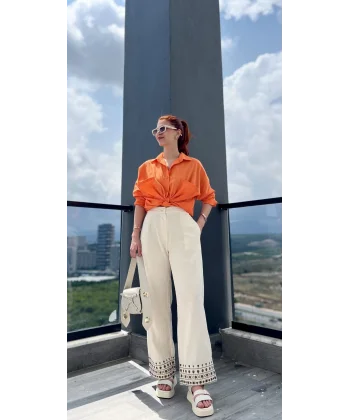 Beli Lastikli Nakışlı Ekru Pantolon