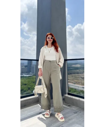 Beli Lastikli Nakışlı Haki Pantolon