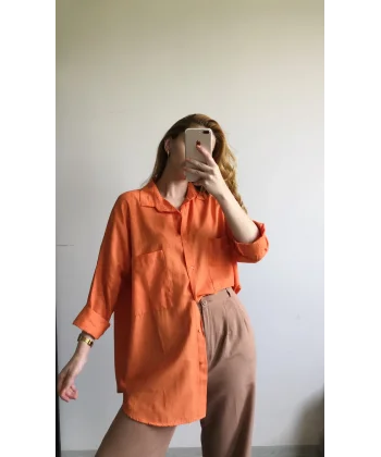 Çift Cepli Turuncu Keten Gömlek