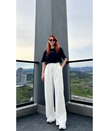 Dökümlü Beyaz Bol paça Pantolon