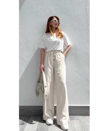 Dökümlü Bol Paça Bej Pantolon