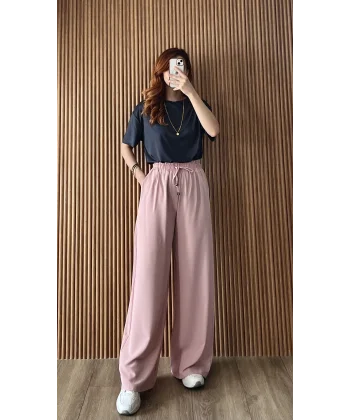 Dökümlü Bol Paça Pudra Pantolon