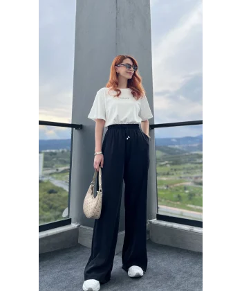 Dökümlü Siyah Bol Paça Pantolon