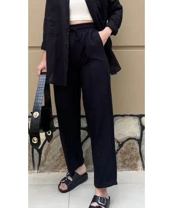 Ham Keten Bilek Boy Siyah Pantolon