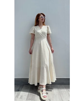 İçi Astarlı Midi boy Keten Bej Elbise