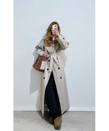 İçi Astarlı Uzun Taş Trençkot