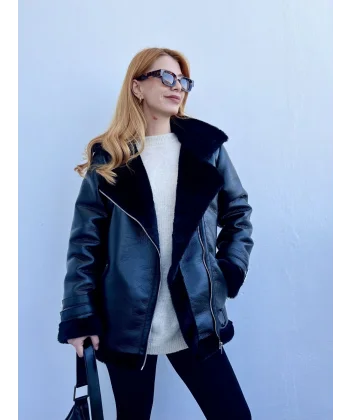 İçi Kürklü Siyah Deri Biker Kaban