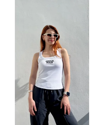 Nakış İşlemeli Amour Paris Beyaz Askılı Tshirt