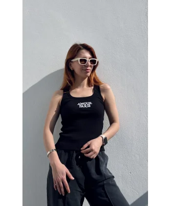 Nakış İşlemeli Amour Paris Siyah Askılı Tshirt