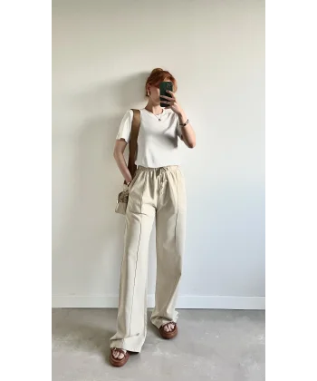 Natural Bej Keten Pantolon